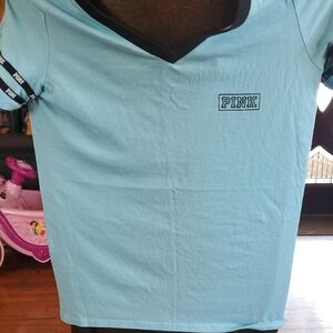 PINK Victoria's Secret Light Blue Short Sleeve Tee with Black Trim